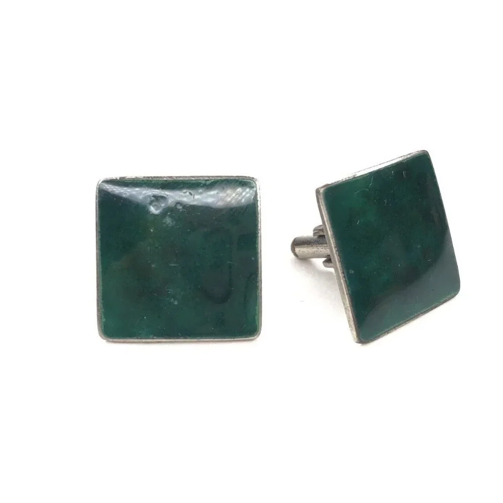 Vtg 1950s ABANA Mens Cufflink Emerald Green Jade Color Silvertone Base Square